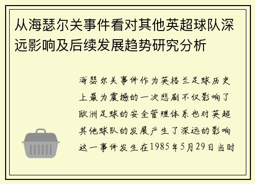 从海瑟尔关事件看对其他英超球队深远影响及后续发展趋势研究分析 从海瑟尔关事件看对其他英超球队深远影响及后续发展趋势研究分析
