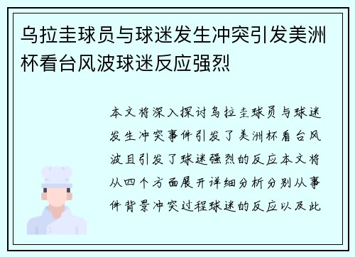 乌拉圭球员与球迷发生冲突引发美洲杯看台风波球迷反应强烈 乌拉圭球员与球迷发生冲突引发美洲杯看台风波球迷反应强烈